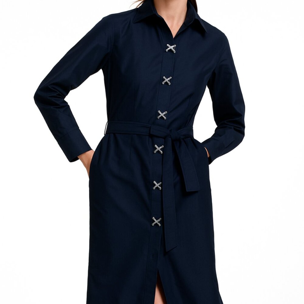 Emily Shalant Navy Taffeta Shirt Dress Crystal Bow Buttons Belted Midi Sz 0